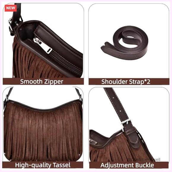 Fringe Suede Hobo Bag with Detachable Straps, Crossbody Shoulder Purse - Picture 6 of 7